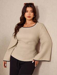 Elaquor Plus Size Color Block Trim Bell Sleeve Casual Blouse, Suitable For Spring & Autumn Bell Sleeve Long Sleeve Top - Apricot - View 1