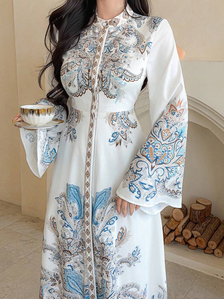 Women's Elegant Floral Print Stand Collar Mid-Length Dress, Spring/Summer Wedding Guest Dress Sundress