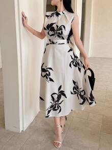 DAZY Bộ đồ 2 món thanh lịch dành cho nữ: áo không tay in hoa và chân váy chữ A, thích hợp cho mùa hè, dự tiệc cưới. - Màu be - Xem 5