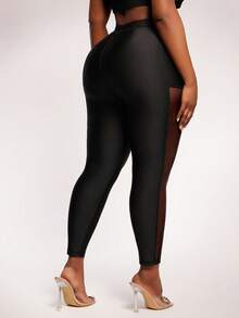 SHEIN SXY Plus Size Women Black Summer Girlism Gym Leggings,Mesh Patchwork Elastic Waist Yoga Tights With Pockets, Fashionable Casual Street Style Pants - Black - View 9