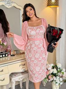 Vionelle 大码女式提花图案褶皱袖修身优雅连衣裙 - 粉色 - 查看 3