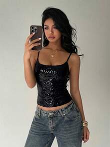 Aloruh 新款性感露背亮片短款上衣，适合派对、音乐节、夏季穿着 - 黑色 - 查看 8