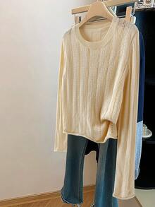 SHEIN Franclia Jersey de punto de cuello redondo de manga larga color albaricoque para mujer, capa fina y ajustada con calado, parte superior ligera para principios de otoño - Albaricoque - Ver 1