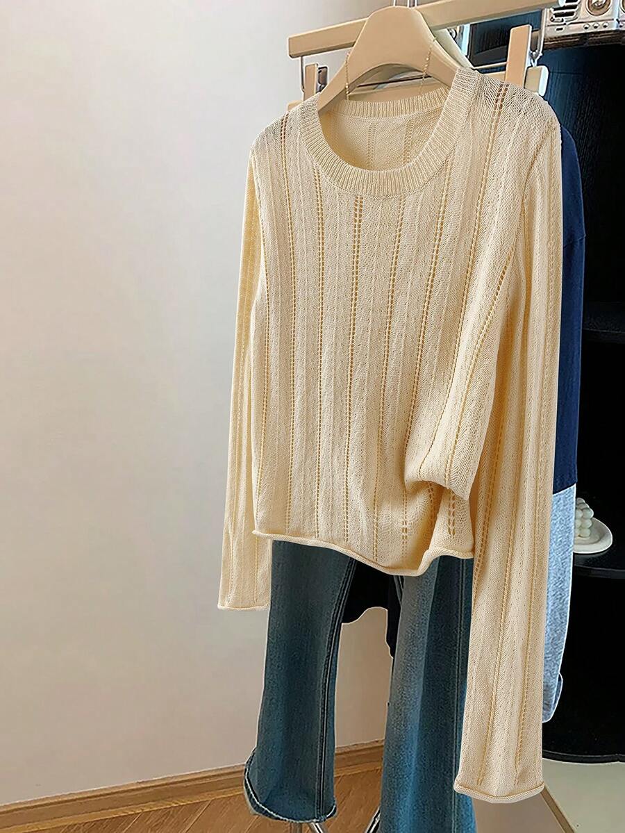 SHEIN Franclia Jersey de punto de cuello redondo de manga larga color albaricoque para mujer, capa fina y ajustada con calado, parte superior ligera para principios de otoño - Albaricoque - Ver 1