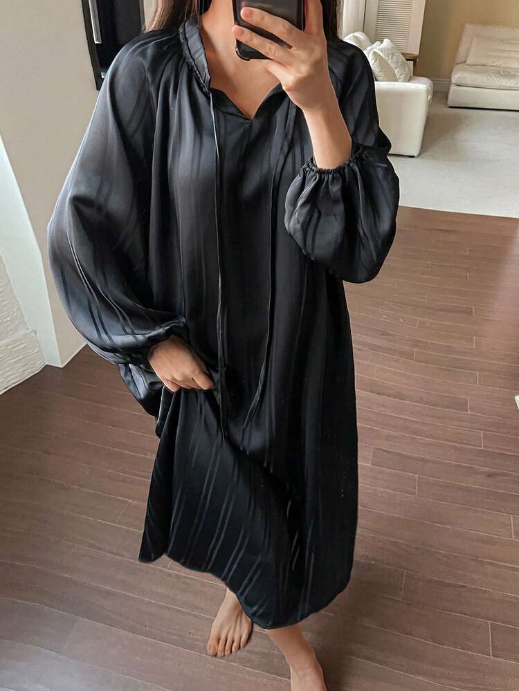 Women's Loose Long Sleeve V-Neck Tie Waist Nightgown Sleepwear Dress