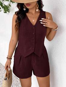 SHEIN Frenchy Bộ đồ thường ngày 2 mảnh dành cho nữ cỡ lớn, gồm áo ba lỗ và quần short, thích hợp mặc hàng ngày vào mùa hè. - Màu đỏ tím - Xem 5