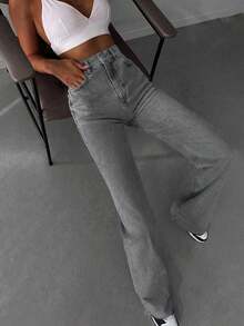 SHEIN Tall 100%纯棉女士斜插口袋休闲直筒牛仔裤 - 灰色 - 查看 3