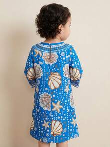 SHEIN 女婴V领贝壳和海星印花休闲派对长袖连衣裙 - 藍色 - 查看 2