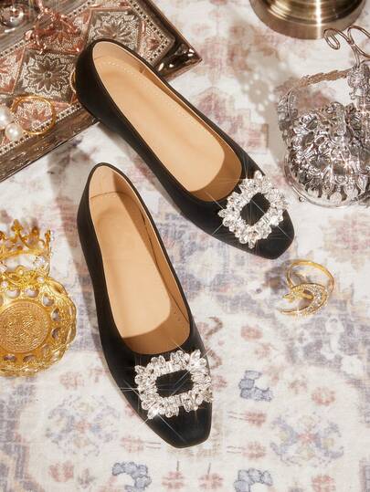 CUCCOO TILAWA Women's Fashion Casual Slip-On Loafers For Spring & Autumn, Vintage Metal Rhinestone Square Buckle Decor, Closed Round Toe Low Block Heel Comfortable Office/Business Shoes Valentine's Day