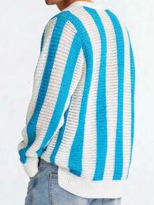 Manfinity Dauomo American Gothic Style Striped Hollow V-Neck Knit Sweater, Loose & Versatile Layering Top - Blue - View 2
