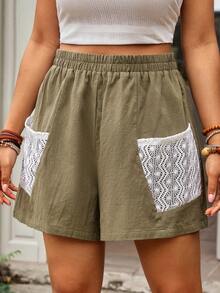 SHEIN VCAY 大码女式弹力腰带口袋设计休闲短裤 - 軍綠色 - 查看 3