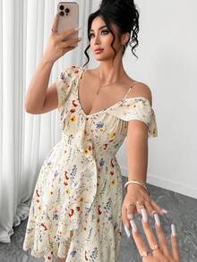 SHEIN PETITE CURVE 大码女式V领荷叶边下摆不规则开衩印花连衣裙，优雅女士 - 杏色 - 查看 5