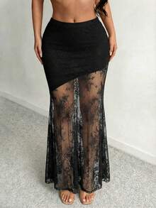 SHEIN SXY Women's Lace Patchwork Sexy Date Party Mini Skirt - Black - View 1