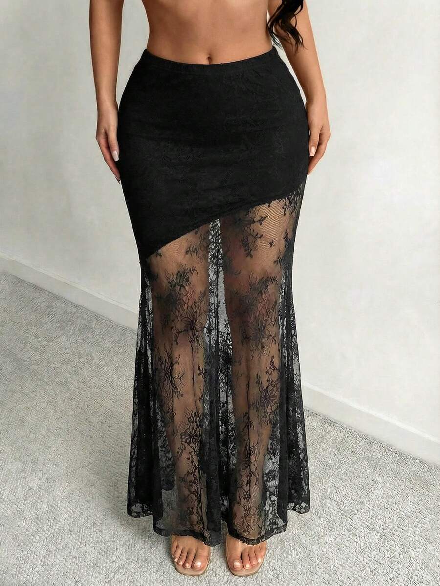 SHEIN SXY Women's Lace Patchwork Sexy Date Party Mini Skirt - Black - View 1