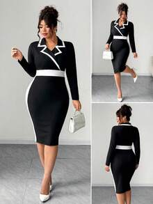 SHEIN PETITE CURVE 大码女式撞色西装领长袖修身连衣裙 - 黑與白 - 查看 1