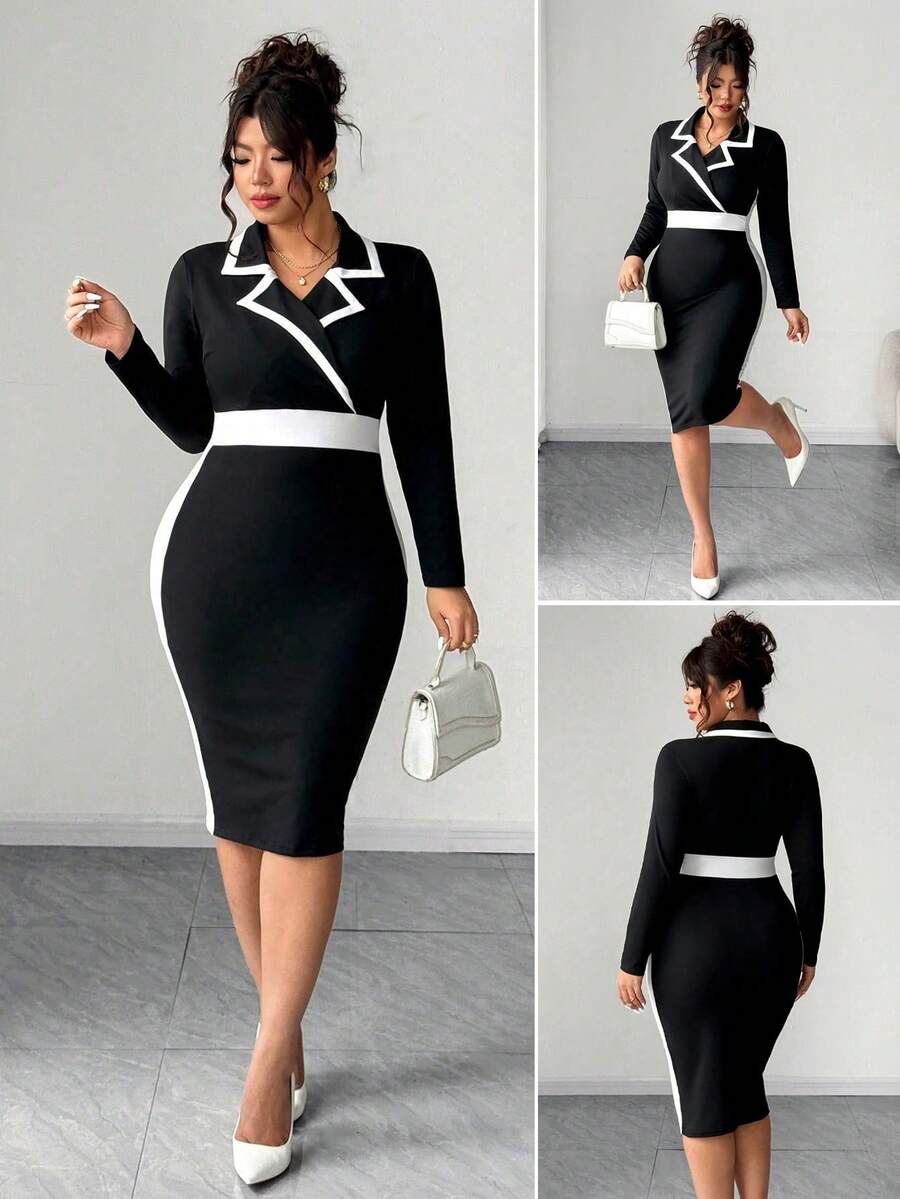 SHEIN PETITE CURVE 大码女式撞色西装领长袖修身连衣裙 - 黑與白 - 查看 1