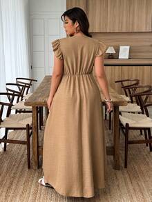 Weeklong 大码女式撞色提花仿亚麻荷叶边下摆A字休闲/职业连衣裙，春夏款 - 棕色 - 查看 2