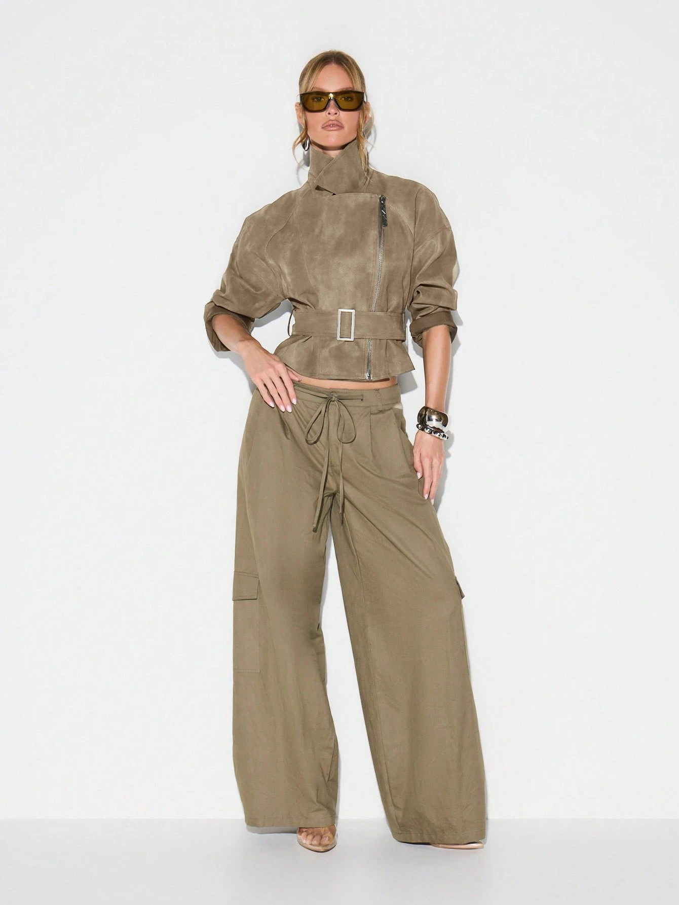 KIZN Cropped Suedette Biker Jacket With Belt