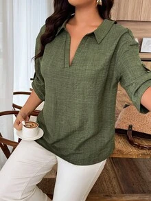 SHEIN LUNE Plus Size Women's Casual Mid-Sleeve Shirt With Backside Ring Design, Spring/Summer - Army Green - View 3