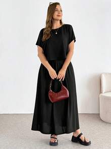 Shapeblank Bộ đồ nữ cỡ lớn mùa xuân/hè, kiểu dáng thường ngày, rộng rãi, co giãn, thoải mái, cơ bản, giúp tôn dáng, gồm áo tay ngắn và chân váy dài eo chun, màu đen, hai mảnh, trang phục mùa hè, kiểu dáng đơn giản, trang phục đi nhà thờ. - Màu Khaki - Xem 3