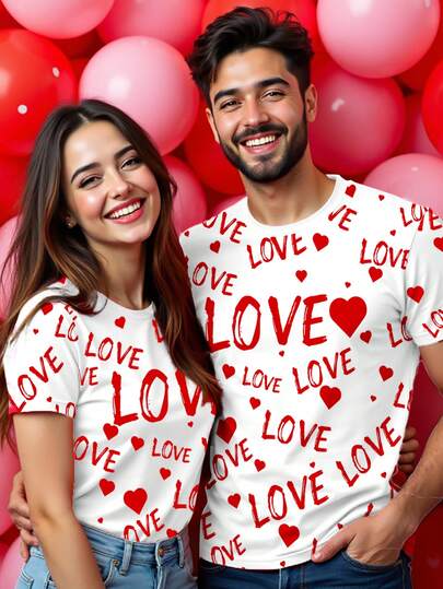 Manfinity Homme Camiseta de cuello redondo de manga corta blanca con estampado completo de AMOR + Corazón, unisex para el Día de San Valentín