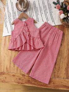 2pcs Young Girl Woven Plaid Sleeveless Casual Top And Pants Set - Red - View 2