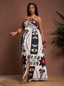 Veslaya Plus Size Women's 2026 Early Spring New Music Festival & Easter Western Style All-Over Print Halter Dress, Summer Dresses - Multicolor - View 3