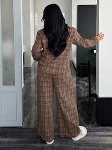 Dazy Plus 两件套格子宽松长袖上衣和长裤睡衣套装，春秋季时尚睡衣 - 棕色 - 查看 7