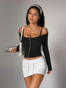 Dewbera 女士时尚优雅休闲健身跑步肩带设计长袖修身瑜伽运动上衣，春秋季 - 黑色 - 查看 5
