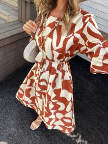 Livesso 女士宽松圆领几何印花系带中长连衣裙 - 深紅色 - 查看 5