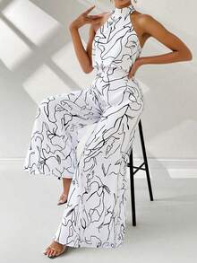 Mono femenino de cuello halter y pierna ancha, poliéster ligero, efecto estilizador, ideal para primavera y otoño - Blanco - Ver 2