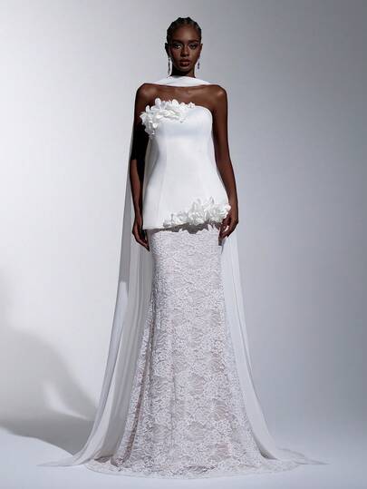 Elitara Elegant Luxurious White French Beaded Lace Patchwork Satin, Handmade 3D Floral Decor, Strapless 2 In 1 Voluminous Skirt With Trailing Train, Women's Formal Evening Gown = Wedding Dress