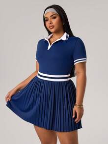Rhythm Era 大码女式休闲撞色褶皱连衣裙 高尔夫连衣裙 大码网球连衣裙 女式Polo衫连衣裙 褶皱网球连衣裙 - 藏蓝色 - 查看 5