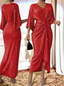 SHEIN Lady 大码优雅前扭褶皱腰连衣裙，秋季 - 紅色 - 查看 1