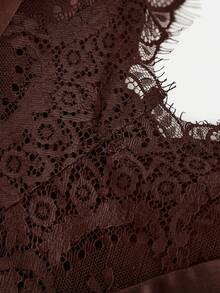 Hauture 秋季性感优雅黑色缎面蕾丝紧身长裙，配以薄纱拼接。适合约会之夜 - 棕色 - 查看 3