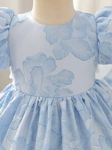 Glamorique Kids 女婴公主裙，蓝色花卉欧根纱提花面料，高品质面料，优雅正式派对礼服，适合中东、欧洲、美洲等地，奢华演出服 - 藍色 - 查看 4