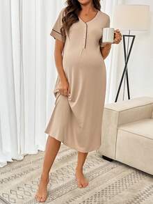 SHEIN Maternity Casual Button-Up Short Sleeve Dress Loungewear Pajama Dress Robe Sleepwear Set  - Apricot - View 6