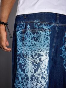 ROMWE MEN Street Life Quần jean denim nam kiểu dáng thường ngày, in họa tiết chéo, đã qua xử lý. - Màu xanh lam - Xem 3