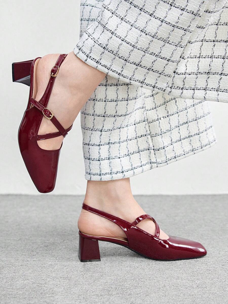 CUCCOO BIZCHIC New Stylish Mary Jane Pumps Women Chunky Heels Slip On Sandals - Burgundy - View 1