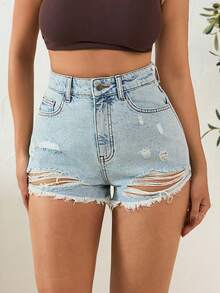 EURMUSE Quần short denim nữ cạp cao, có túi, rách gấu, kiểu dáng thường ngày. - Rửa nhẹ - Xem 1