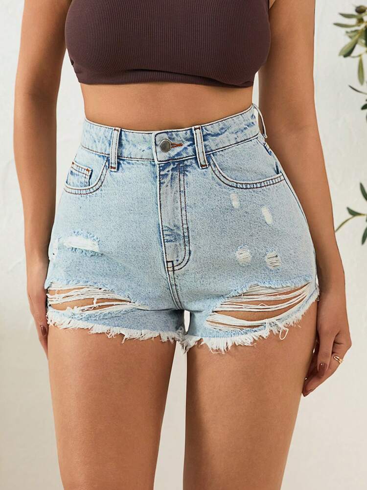 EURMUSE Quần short denim nữ cạp cao, có túi, rách gấu, kiểu dáng thường ngày. - Rửa nhẹ - Xem 1