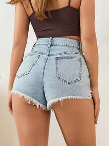 EURMUSE Quần short denim nữ cạp cao, có túi, rách gấu, kiểu dáng thường ngày. - Rửa nhẹ - Xem 2