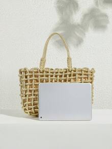 SHECARRY Women's Casual Versatile Commuter Woven Tote Bag - Gold - View 3