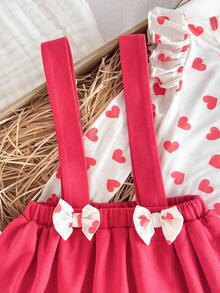 Cozy Pixies 2pcs Baby Girl Valentine's Day Heart Pattern Knit Soft Crew Neck Long Sleeve Top And Red Suspender Dress Set - Red - View 5