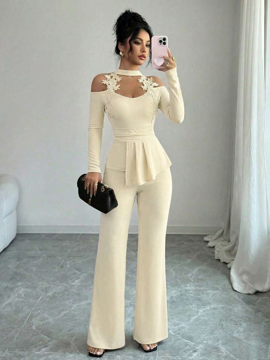 Elenzga Elegant Apricot Women Fall Winter 2-Piece Set,Floral Trim Halter Asymmetric Hem Long Sleeve Top & Flare Pants  Dining Party Banquet Office Date Night - Beige - View 1
