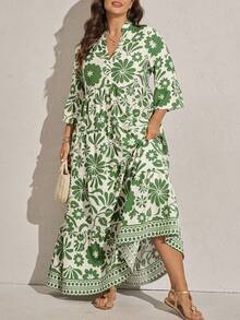 SHEIN CURVE+ 大码女式印花喇叭袖荷叶边沙滩连衣裙度假装女装沙滩度假装，夏季女装，绿白印花长裙，绿色印花长裙，层叠长裙，秋季女装，学生装，乡村风女装，教师装，秋季女装，秋季女装，休闲女装 - 綠色 - 查看 5
