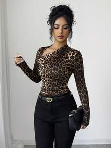 Rafferiza 女士优雅不对称领豹纹弹力腰长袖T恤 - 咖啡棕 - 查看 7