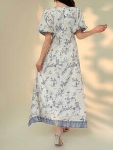 DAZY Women's Graphic Print Round Neck Puff Sleeve Elegant Dress - Blue - View 4