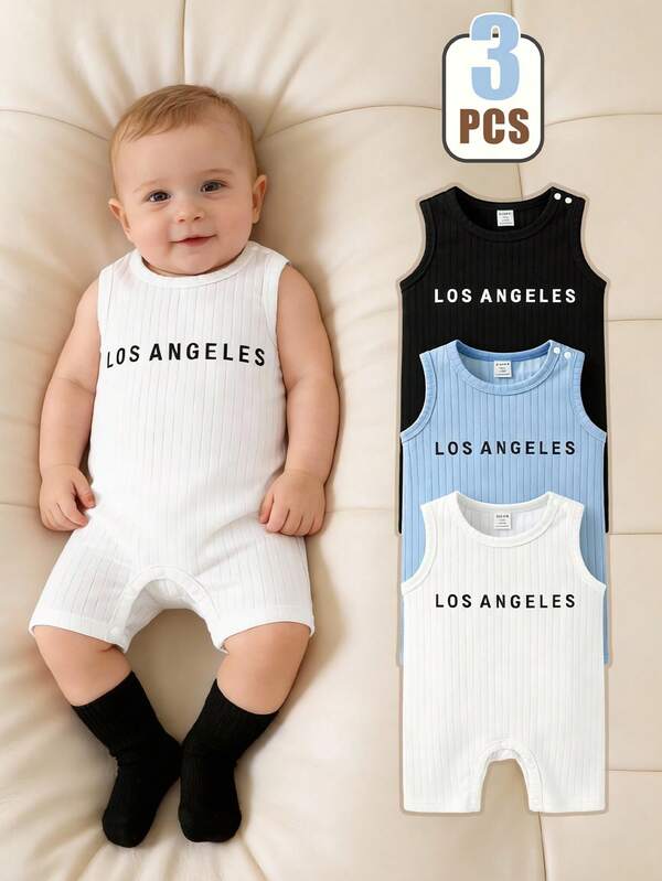 SHEIN 3pcs/Set Infant Baby Boys' Soft & Stretchy Sleeveless Romper With Los Angeles Print, Comfortable Casual Jumpsuit For Summer, 6M-3T