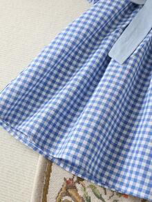 SHEIN 女童编织纹理蝴蝶结泡泡袖连衣裙 - 淺藍色 - 查看 10